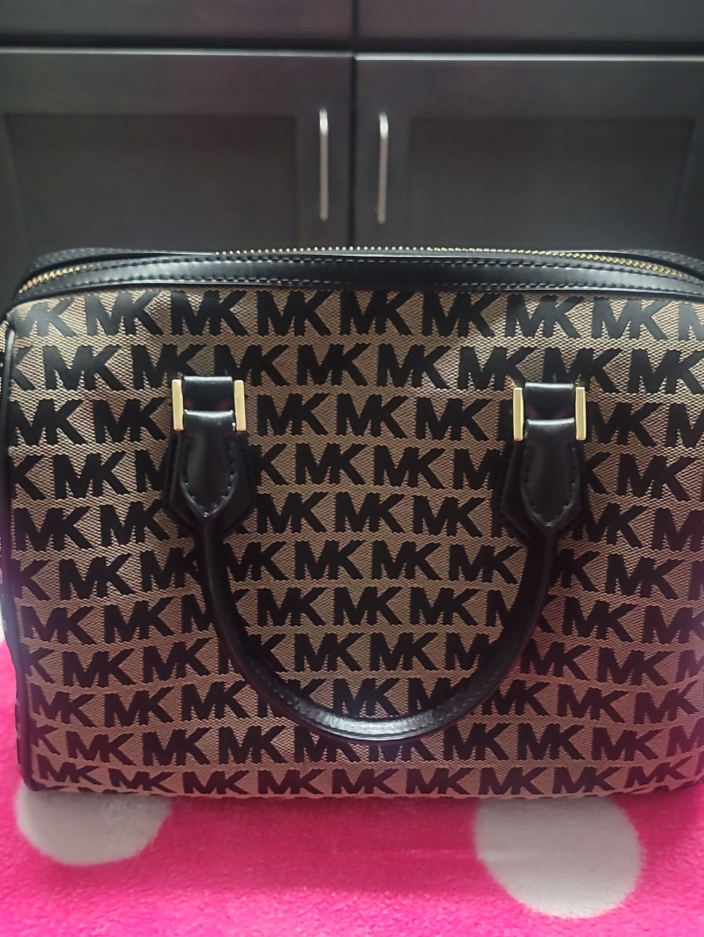 Michael Kors Brown/Black MK Logo Satchel with Tassel and Pearl Strap - Picture 2 of 9